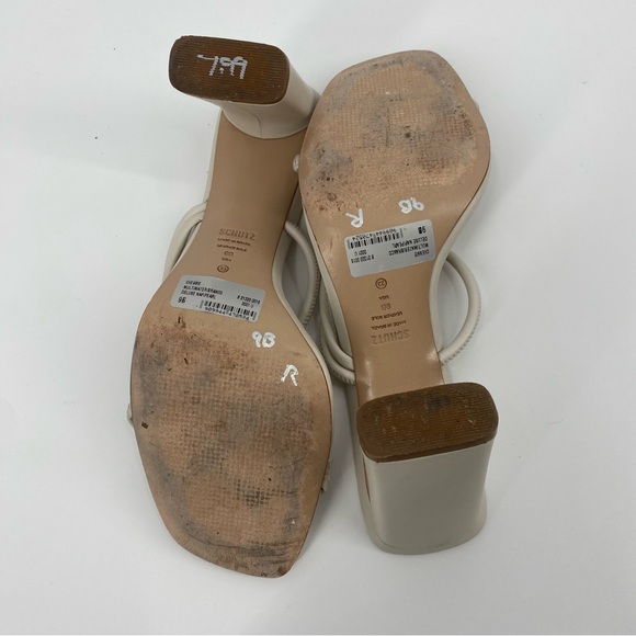 SCHUTZ Chessie Leather Asymmetrical Strap High Heel Sandals in Pearl - Picture 12 of 13
